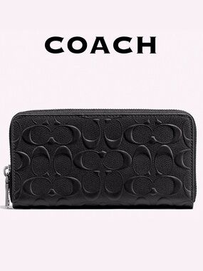 COACH | Nwt | Long Zip Up Continental Wallet | Embossed Coach Logo Black Leather